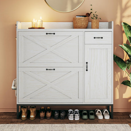 HUAHUU Shoe Cabinet with 2 Flip Drawers & Side Cabinet, Shoes Cabinet with Adjustable Shelves, Shoe Storage with Drawer & Mounted Shoe Rack for Entryway, Hallway, Shoe Organizer Cabinet, White HUAHUU