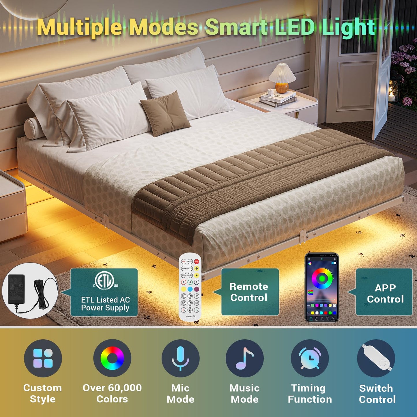 Hasuit Full Size Floating Bed Frame with LED Lights and No Box Spring Needed - WoodArtSupply