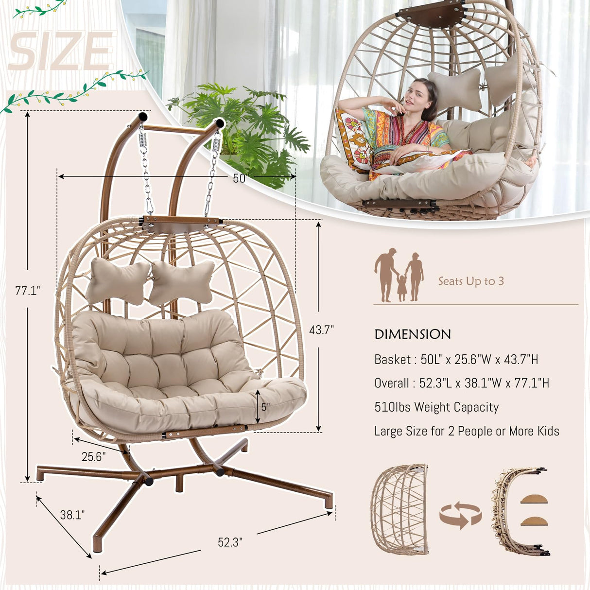 BLUEXYARD 2 Person Hanging Egg Chair with Stand, Extra Large 700 Lbs Wicker Patio Hammock Loveseat Swing, Oversized Cushioned Double Swing Chair for Indoor Outdoor Garden Balcony Backyard, Beige BULEXYARD