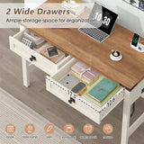 YOMILUVE Farmhouse Computer Desk with 2 Drawers, 39 Inch Small Office Computer Desk with Power Outlets, Compact Writing Study Desk for Small Spaces, Antique White YOMILUVE