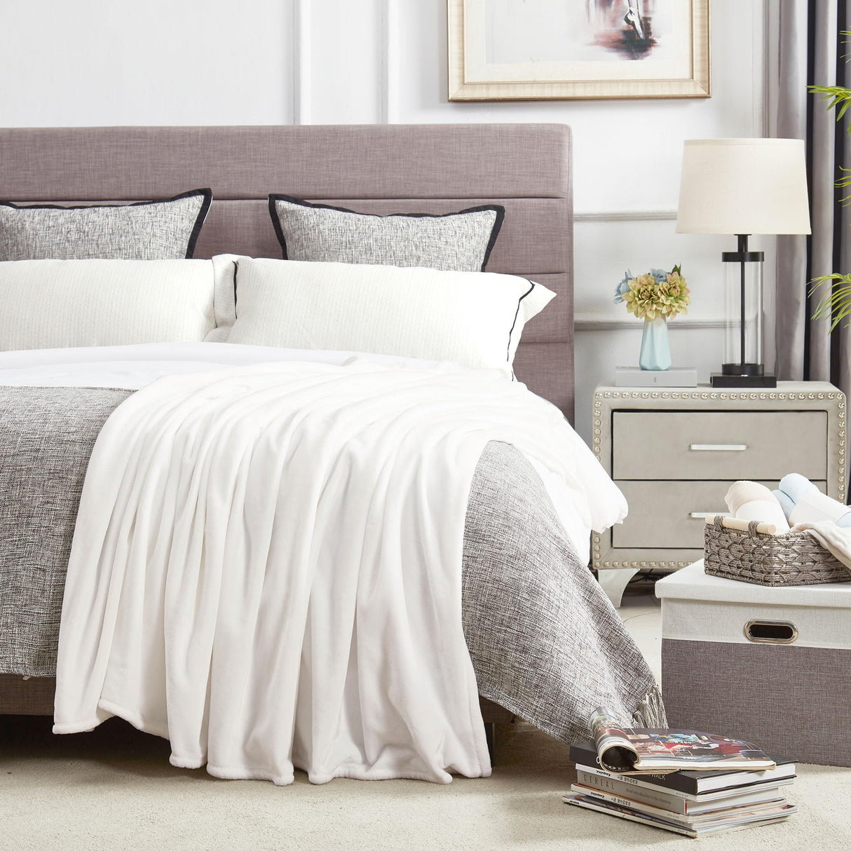 DREAMNINE Super Soft Fuzzy Fleece Throw Blanket for Couch Sofa 50" x 60", Decorative Solid Lightweight Velvet Blanket for Chair, Cozy Accent Shaggy Micro Plush Flannel Blanket for Bedroom Dorm, White DREAMNINE