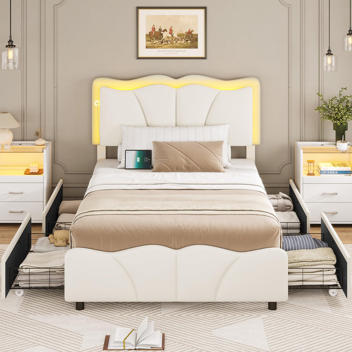 MSmask Twin Bed Frames with 4 Storage Drawers and LED Lights, Velvet Upholstered Platform Bed Frame with Height Adjustable Headboard, LED Bed Frame with Type C & USB, No Box Spring Needed, White MSmask