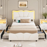 MSmask Twin Bed Frames with 4 Storage Drawers and LED Lights, Velvet Upholstered Platform Bed Frame with Height Adjustable Headboard, LED Bed Frame with Type C & USB, No Box Spring Needed, White MSmask