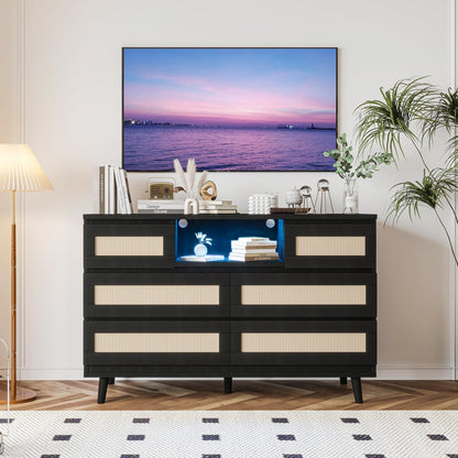 GarveeHome Natural Rattan Dresser for Bedroom with LED Light and Charging Station, 6 Drawer Double Dressers, Modern Wooden Dresser Chest, Beside Table for Closet, Nursery, Living Room, Black