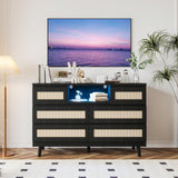 6 Drawer Rattan Dresser with Charging Station & Led Lights, Slim Wooden Chest of Drawers, Modern Farmhouse Bedroom Dresser Storage Organizer for Nursery Apartments, Black HarmoHaby