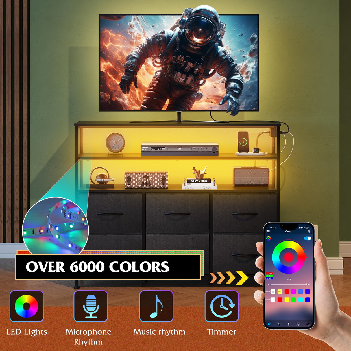 WLIVE Led Dresser TV Stand for Bedroom, Entertainment Center with LED Lights and Power Outlet, 6 Drawer Drawer Dressers with Double Open Shelves, Black TV Stands WLIVE