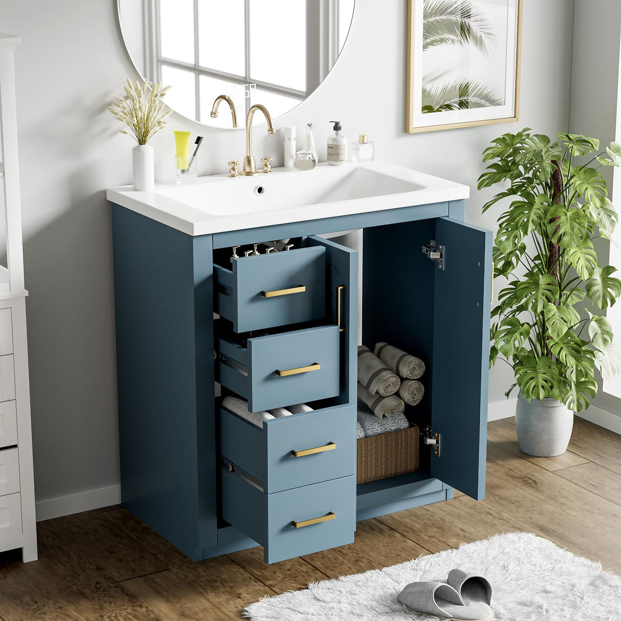 Merax Herringbone Single Sink Bathroom Vanity, Freestanding 30" Modern Bathroom Vanity Storage Cabinet with 3 Drawers and 2 Doors, Solid Wood Frame Merax