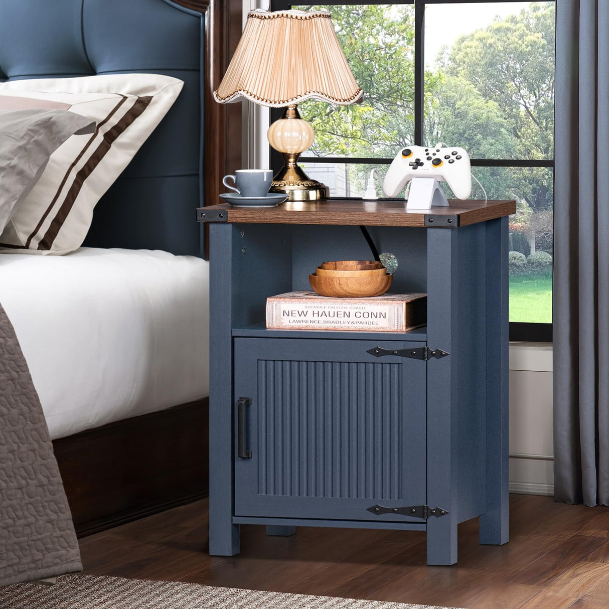 Joaxswe Night Stand Set of 2, 18 Inch Farmhouse Nightstand with with Charging Station and USB Port, Rustic Couch End Table with Magnetic Door, Wood Bed Side Tables for Bedroom, Home, Navy Blue Joaxswe