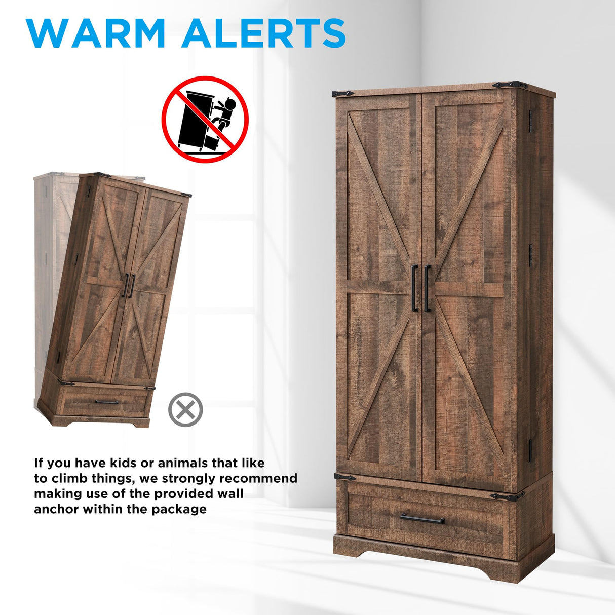 ACCOHOHO 72" Farmhouse Kitchen Pantry Cabinet with Drawer, Tall Storage Cabinet with 2 Barn Doors and Shelves, Versatile Large Rustic Cabinet for Dining Room, Bathroom, Living Room, Rustic Brown ACCOHOHO