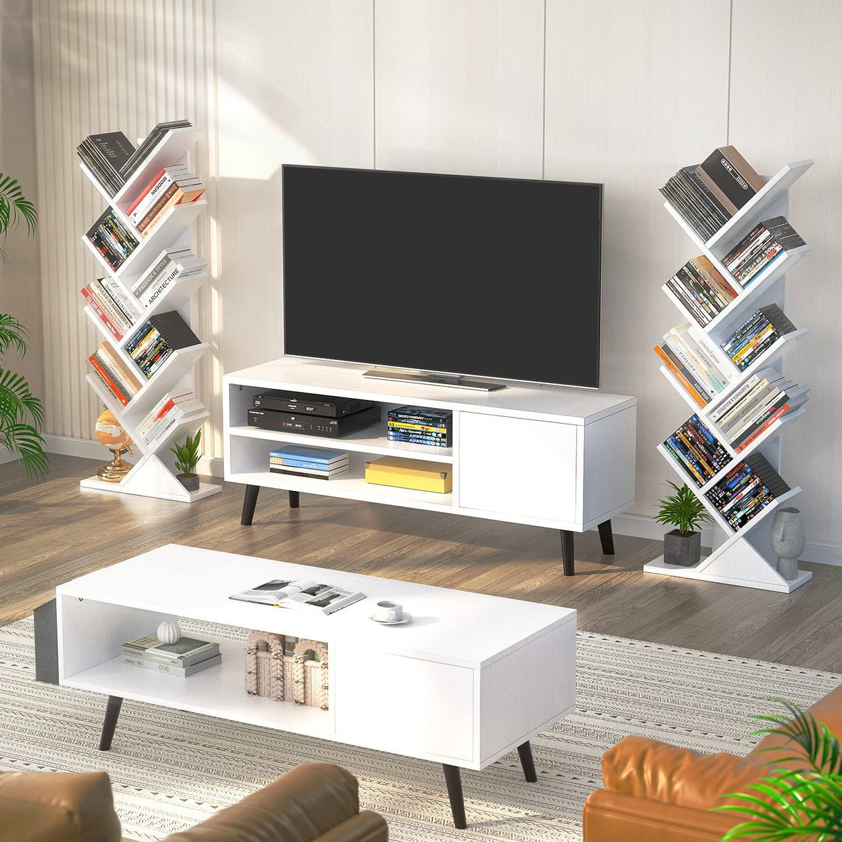 Topfurny Tree Bookshelf, 9-Tier Shelf Rustic Brown Bookcase, Retro Wood Storage Rack for CDs/Movies/Books, Anti-Fall Utility Organizer Shelves for Living Room, Bedroom, Home Office, White Topfurny