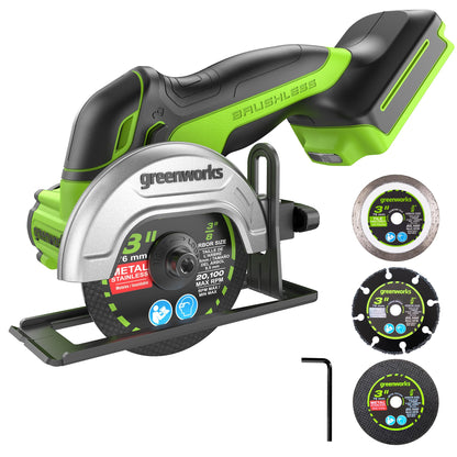 Greenworks 24V Brushless Cordless Compact Cut-Off Tool Bare Tool, With Extra 3 in. Cut-Off Wheels (3-Pack) - WoodArtSupply