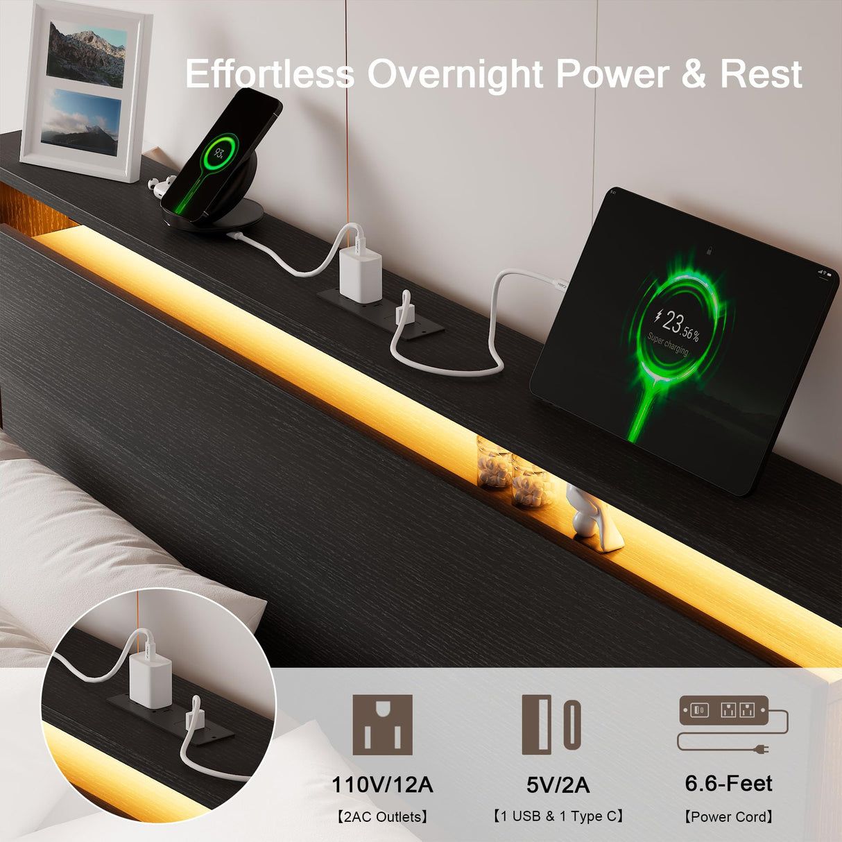 King Size Bed Frame with LED Lights & Charging Station – Wood Floating Bed Frame with Storage Headboard, Adhesive Slats, Kick-Free & Noise-Free Design, Easy Assembly, Black Einhomn