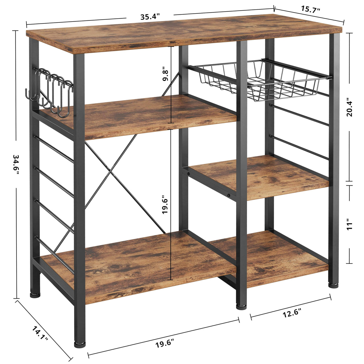 IRONCK Industrial Kitchen Baker’s Rack, Kitchen Island Utility Storage Shelf, Coffee Bar Microwave Stand with 6 Hooks, Metal Frame, Simple Assembly, Vintage Brown IRONCK