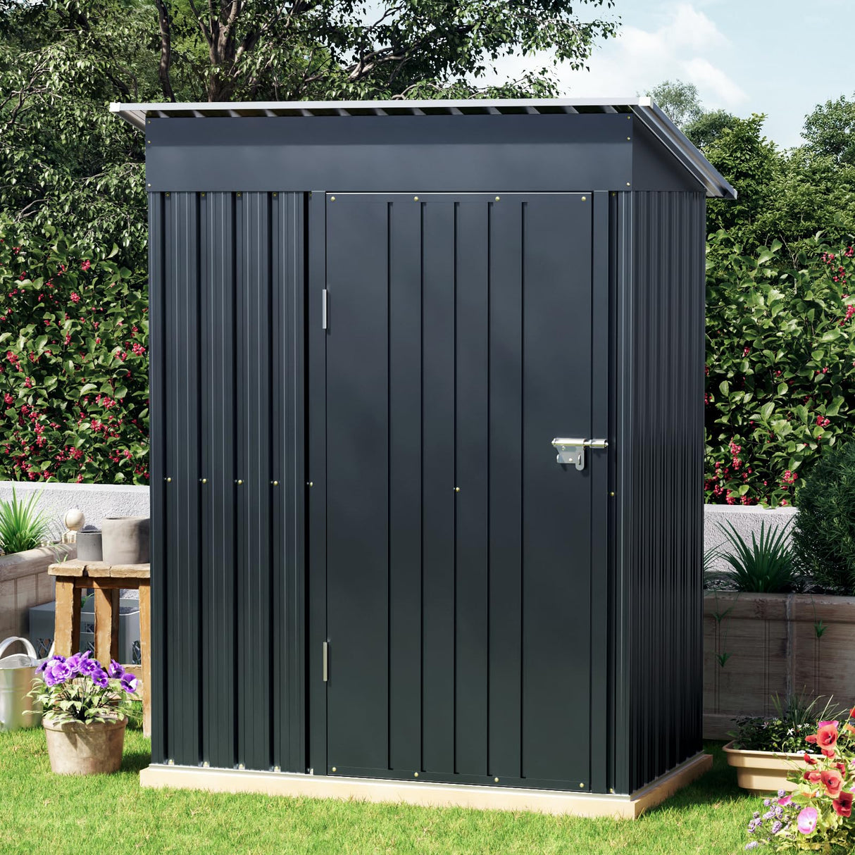 Grovellis 3x5 FT Outdoor Metal Storage Shed with Floor Frame, Single Door, 1 Clear Window, Tool Shed for Garden, Patio, Backyard Grovellis