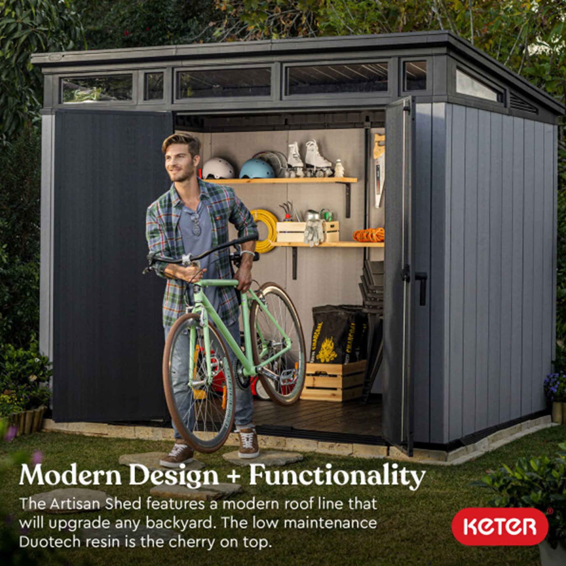 Keter Artisan 9 x 7 Foot Large Modern Design Outdoor Shed Durable Resin Backyard Furniture for Lawn Equipment, Bikes, and Gardening Tools, Gray/Black - WoodArtSupply