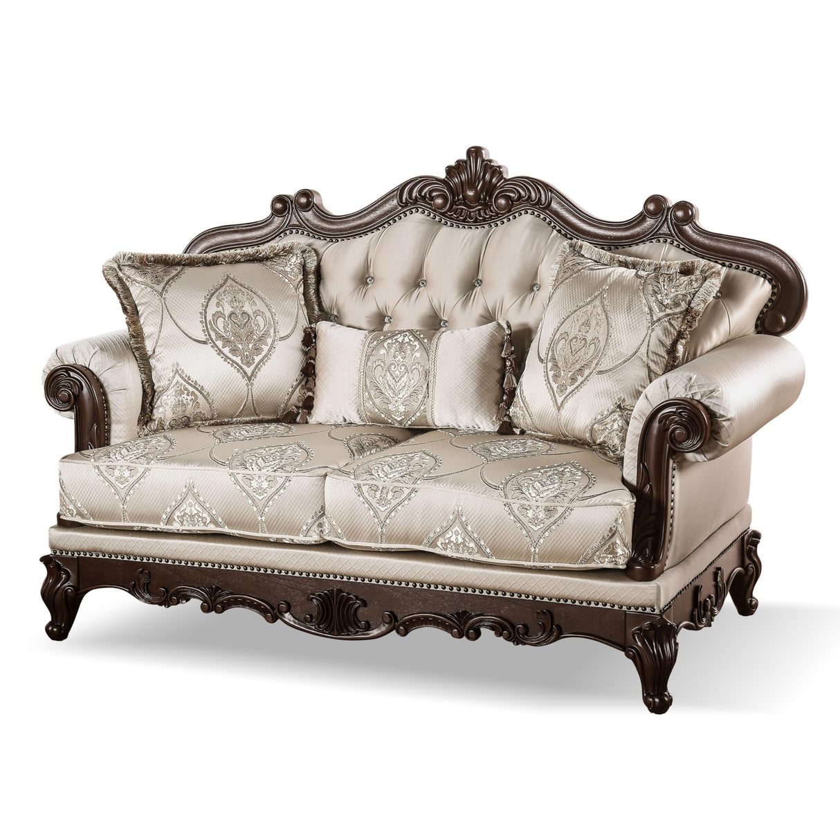 Furniture of America Adelaide Traditional Upholstered Sofa with Rolled Armrests and Button Tufted Back, Wooden Comfortable Couch for Living Room, Office, Bedroom, 2-Seater Loveseat, Dark Cherry/Beige Furniture of America