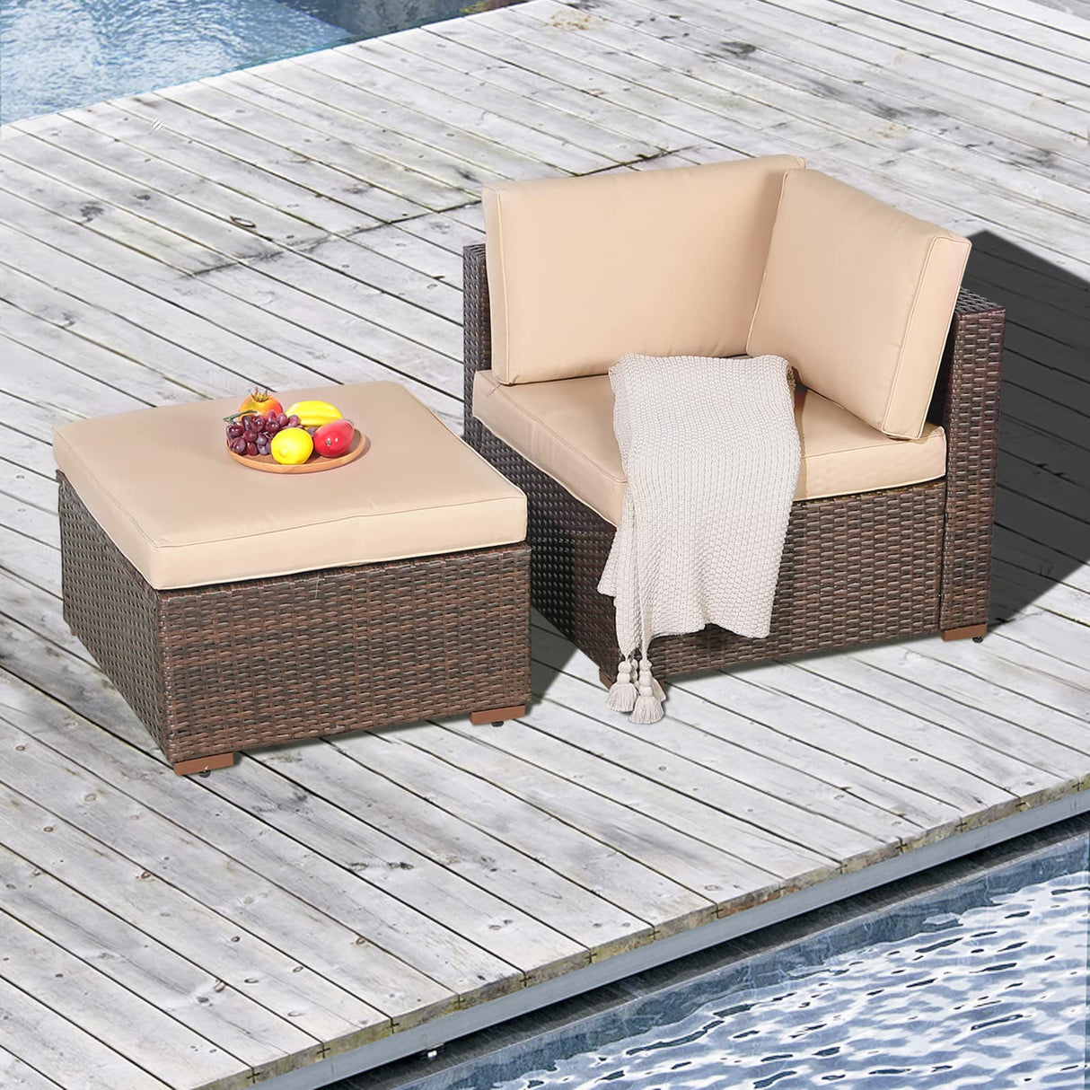 Patiorama 2-Piece Patio Furniture Sofa Set, Outdoor Sectional Sofa, All-Weather Brown PE Wicker Rattan Conversation Set, Outdoor Loveseat, Patio Seating for Balcony Garden Pool (Beige Cushion) Patiorama