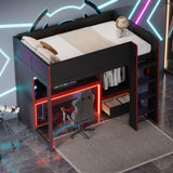 Polibi Twin Size Gaming Loft Bed with Built-in Desk, Wardrobe & LED Lights,Space-Saving Workstation, Storage Drawer,MDF & Pine Wood Frame,No Box Spring Needed,Black Polibi