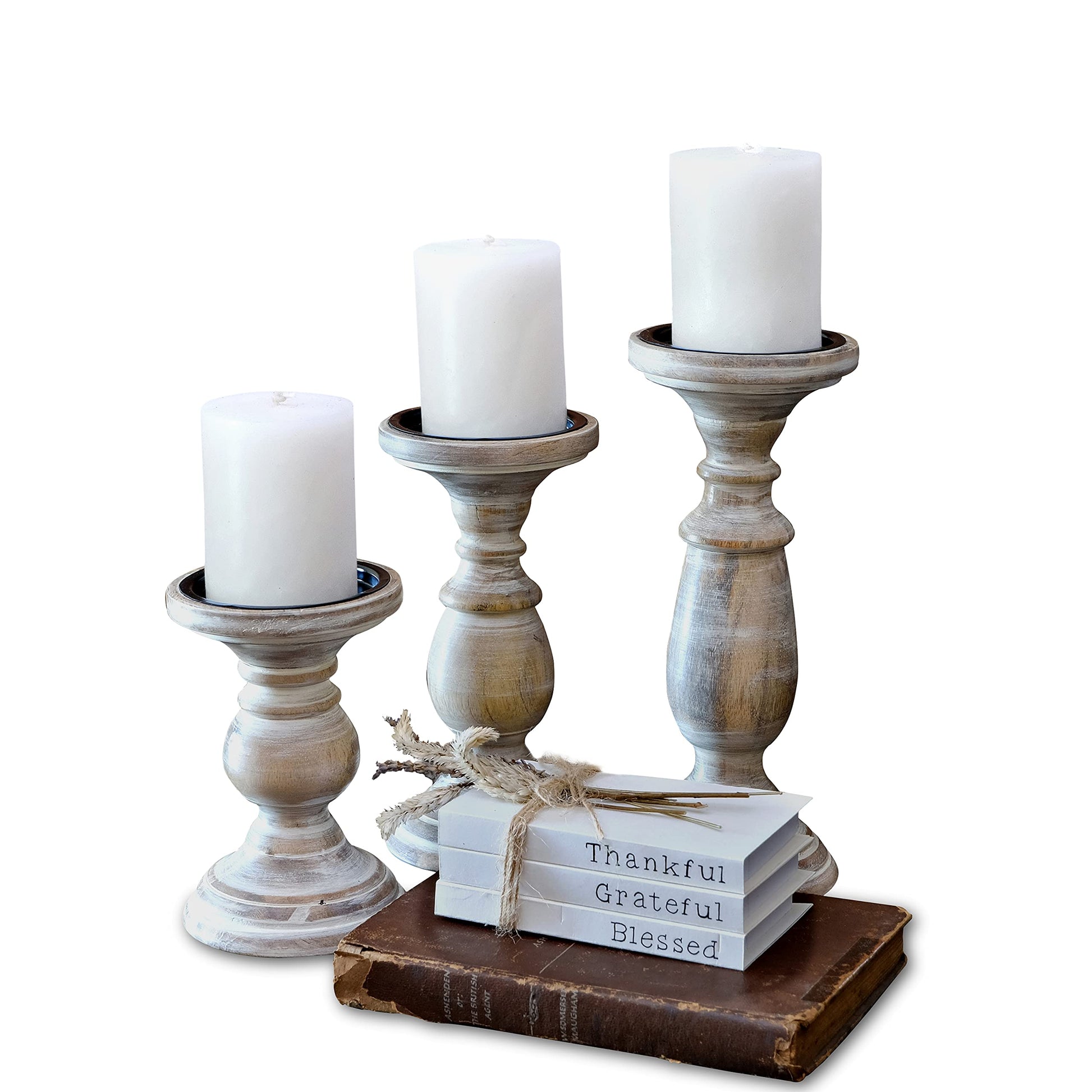 Candle Holders for Pillar Candles, Wooden Table Centerpiece, Set of 3, Wood Candle Holders, Rustic Pillar Candle Holder, Farmhouse Candle Holders Fireplace White - WoodArtSupply