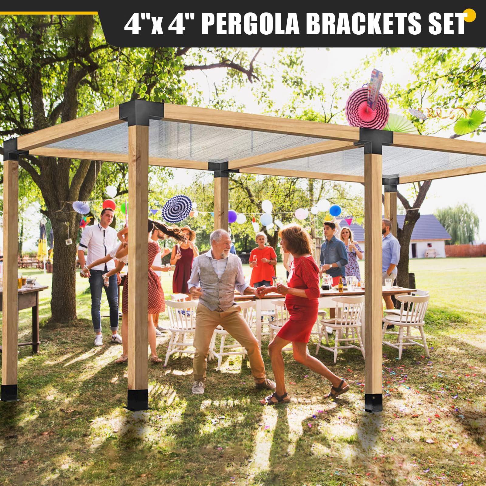 4x4 Woodworks Pergola Brackets Kit, 3-Way Corner Extension Brackets, Black Powder Coated, 4x4 Metal Brackets for Wood Beams, Fence, and Carport (Actual: 3.5"x3.5") - WoodArtSupply