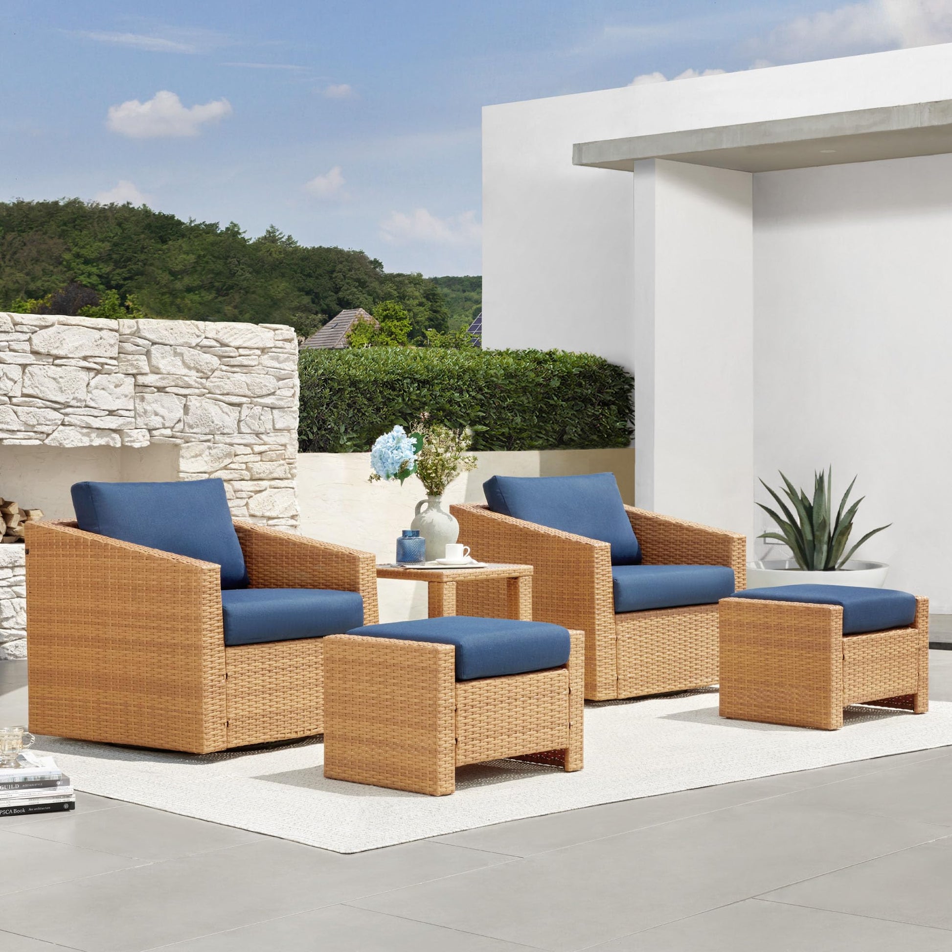 CHITA 5 Pieces Wicker Patio Furniture Set, Outdoor Conversation Set with 2 Pieces Rattan Swivel Chairs, 2 Pieces Ottomans, Thickened Cushions and Side Table, Blue Cushions with Brown Wicker - WoodArtSupply