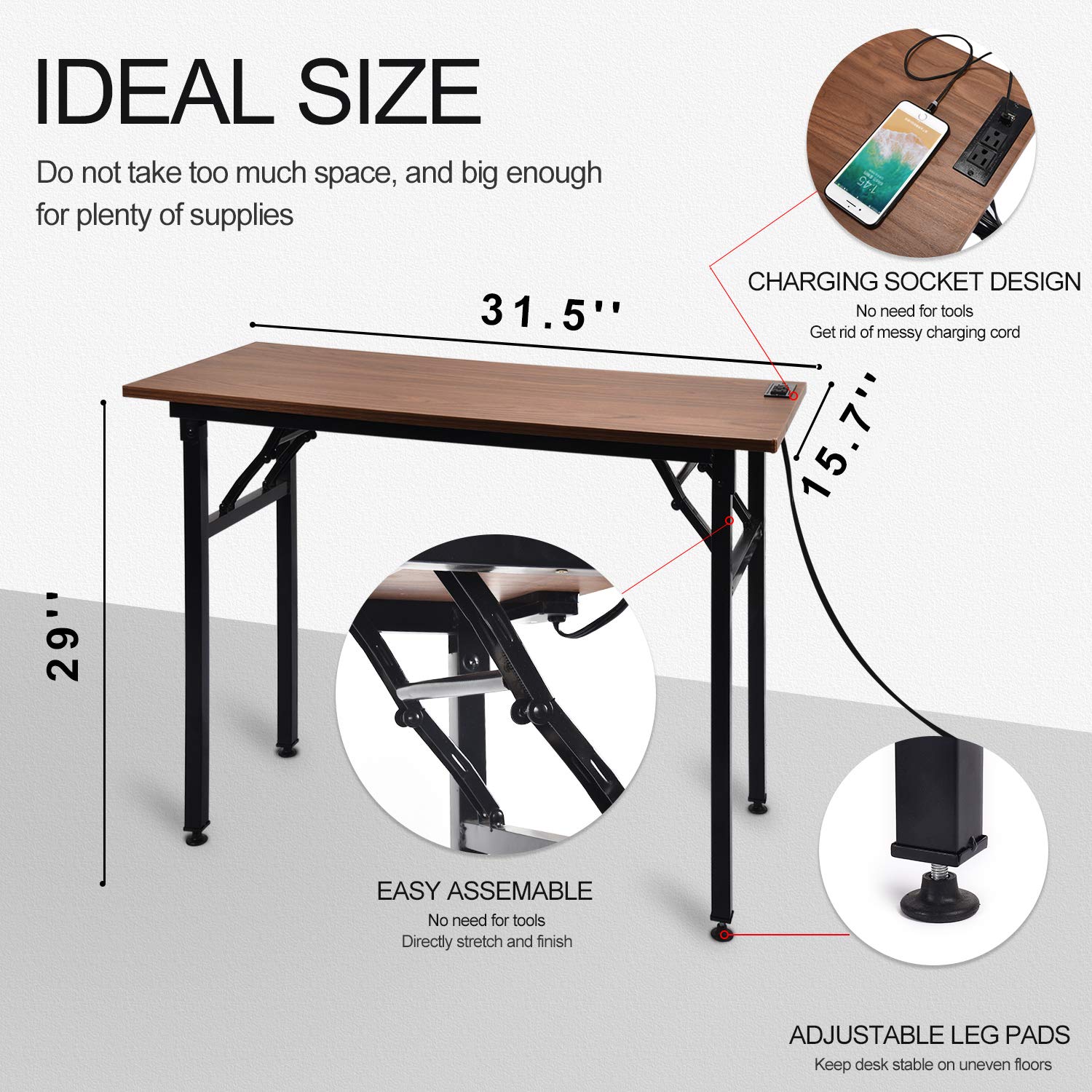 Frylr Small Folding Computer Desk 31.5''LX 15.7''X 29'' with 2 Power Sockets and 2.1A USB Charging Ports, Home Office Desk Portable Writing Desks for Small Space, Foldable Desk, Walnut - WoodArtSupply