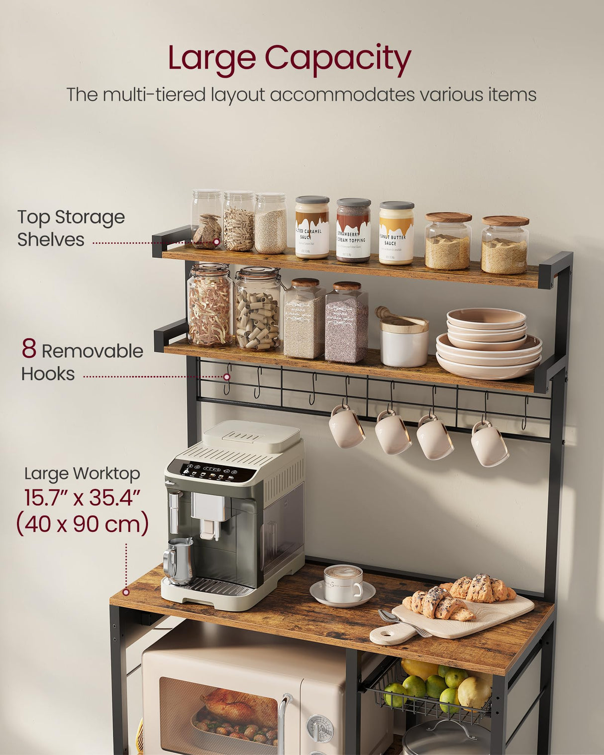 VASAGLE Bakers Rack with Power Outlet, 35.4 Inches Microwave Stand, Coffee Bar, 4 AC Outlets, with Adjustable Shelves, 8 S-Hooks, Basket, Spice Racks, Rustic Brown and Ink Black UKKS031K01 VASAGLE