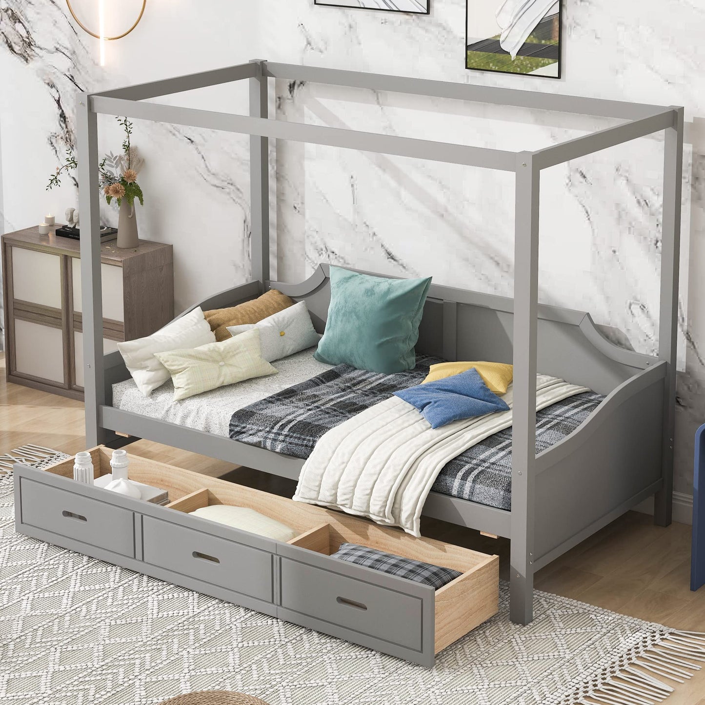 Harper & Bright Designs Twin Canopy Bed with Storage Drawers, Twin Daybed Wood Frame, Modern 4 Poster Platform Bed for Kids, Teens, Adults, No Box Spring Needed (Twin Size, Gray)