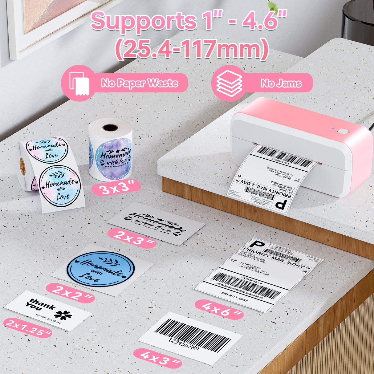 Bluetooth Shipping Label Printer, 4x6 Thermal Label Printer for Shipping Packages & Small Business, Compatible with IOS, Android, Windows and Mac, Widely Used for Ebay, Shopify, Amazon, Etsy (Pink) NelkoGlobal