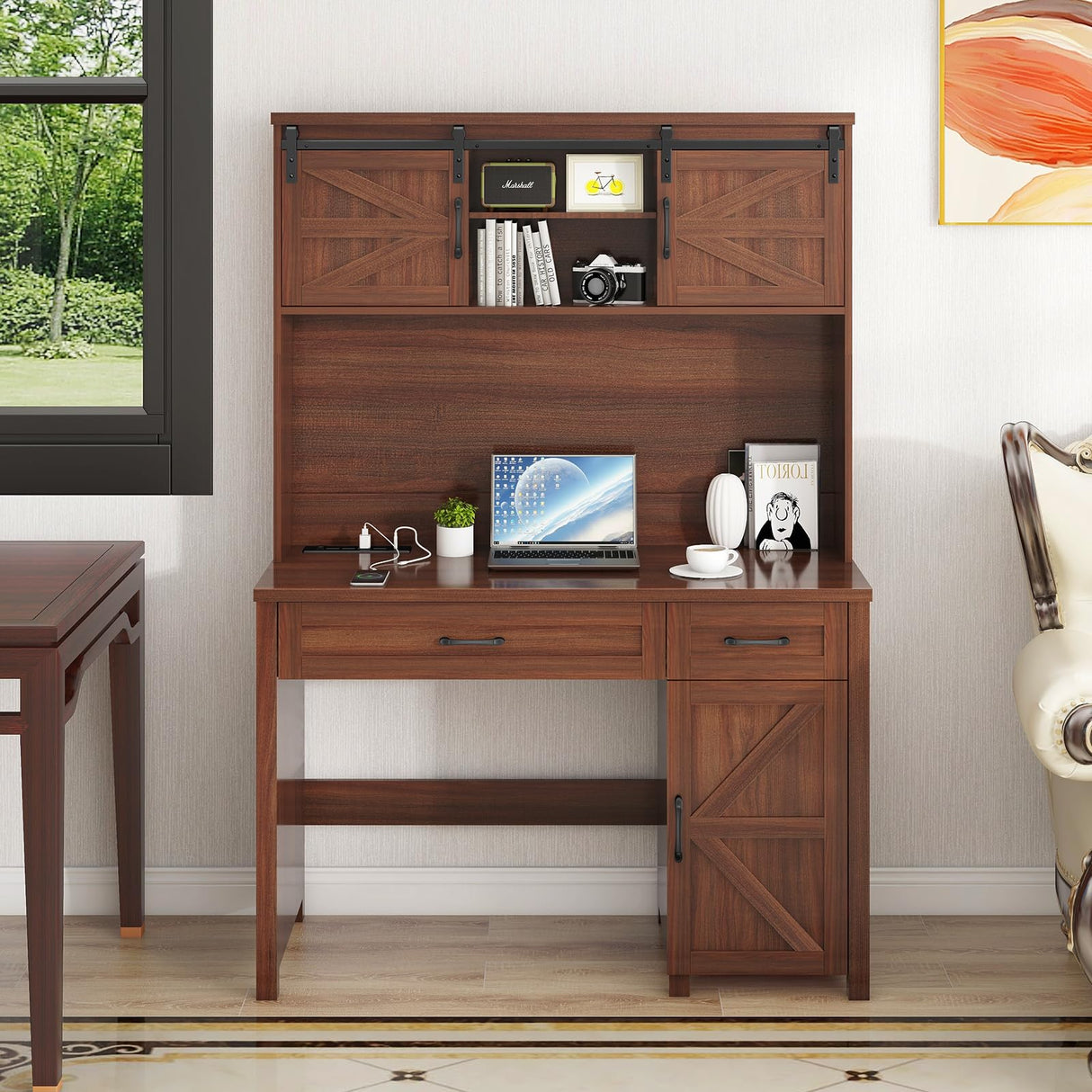 Farmhouse 47" Executive Desk, Computer Desk with 2 Drawers and Storage Cabinet, Home Office Desk with Hutch, Charging Hub, Workspace for Work and Study, Brown Vabches
