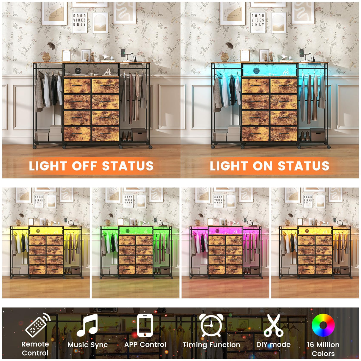 Frmobepts 59.1" W Dresser for Bedroom with Hanging Rack, 8 Drawer Dresser with LED Lights & Charging Station, Fabric Dressers with Portable Wheels,Metal Frame, Wooden Top (Rustic Brown) Frmobepts