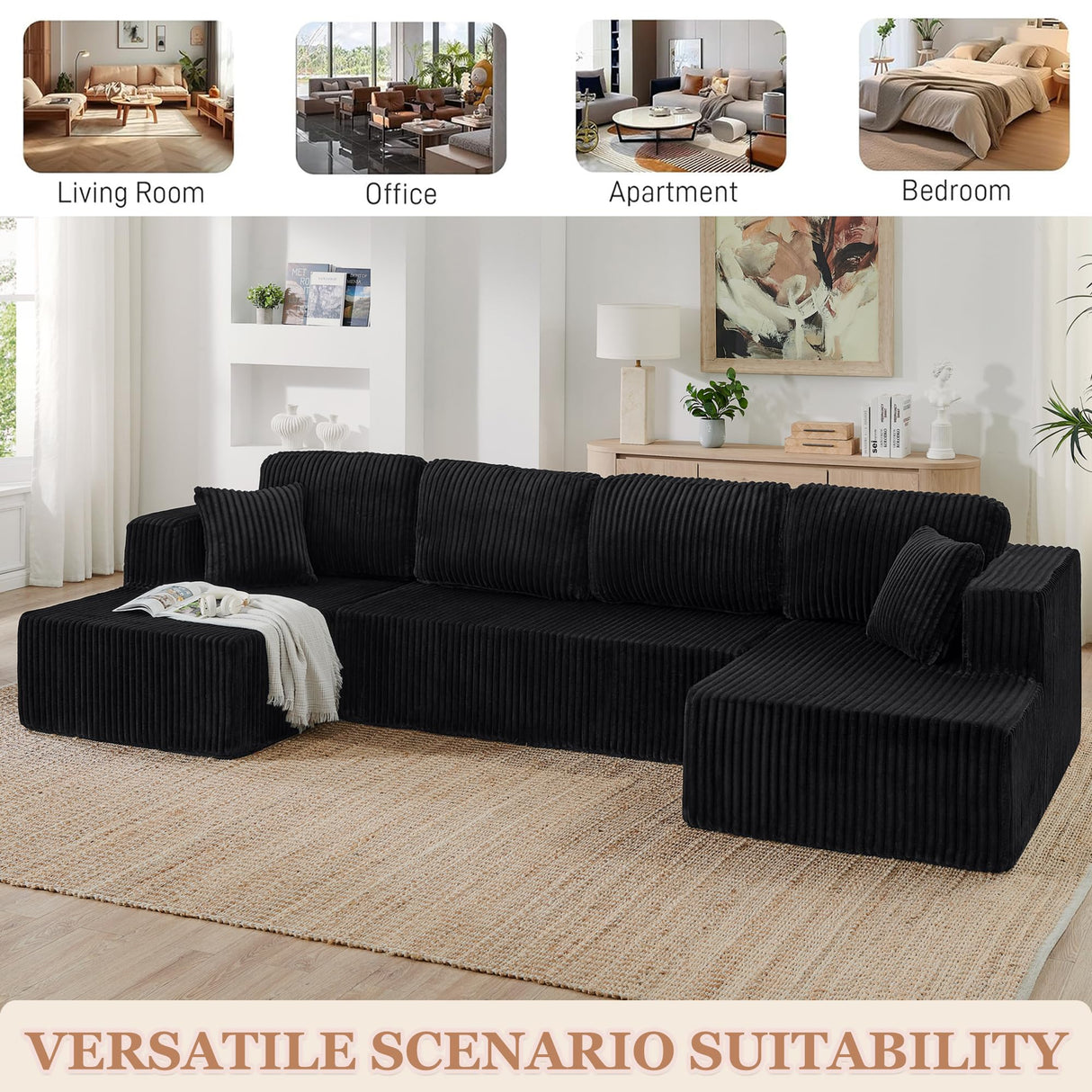 132" Boneless Sectional Cloud Couch Sofa for Living Room, U-Shaped Couch with Double Chaise Lounge, Comfy Memory Foam Modular Sofas Couches for Living Room (Black, 132.48" U-Shaped) OUEEEDD