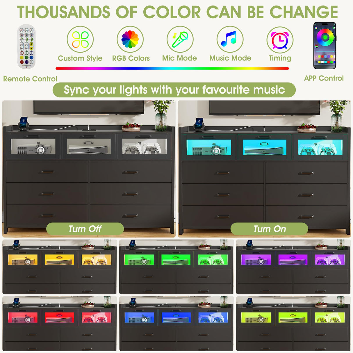 Alohappy 9 Drawer Dresser with Charging Station and LED Lights, Dresser Chest of Drawers with 3 Visual Drawers, Modern Wood Dresser for Bedroom Living Room Hallway Entryway Alohappy