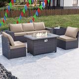 Kullavik 7 Pieces Outdoor Patio Furniture Set with 43" 55000BTU Gas Propane Fire Pit Table PE Wicker Rattan Sectional Sofa Patio Conversation Sets,Khaki Kullavik