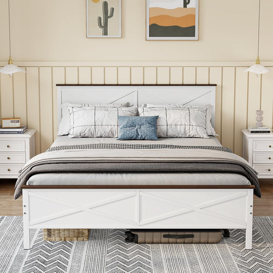 VOPEAK Farmhouse Queen Metal Bed Frame with Headboard and Footboard, Under-Bed Storage, Noise-Free, Easy Assembly, White - WoodArtSupply