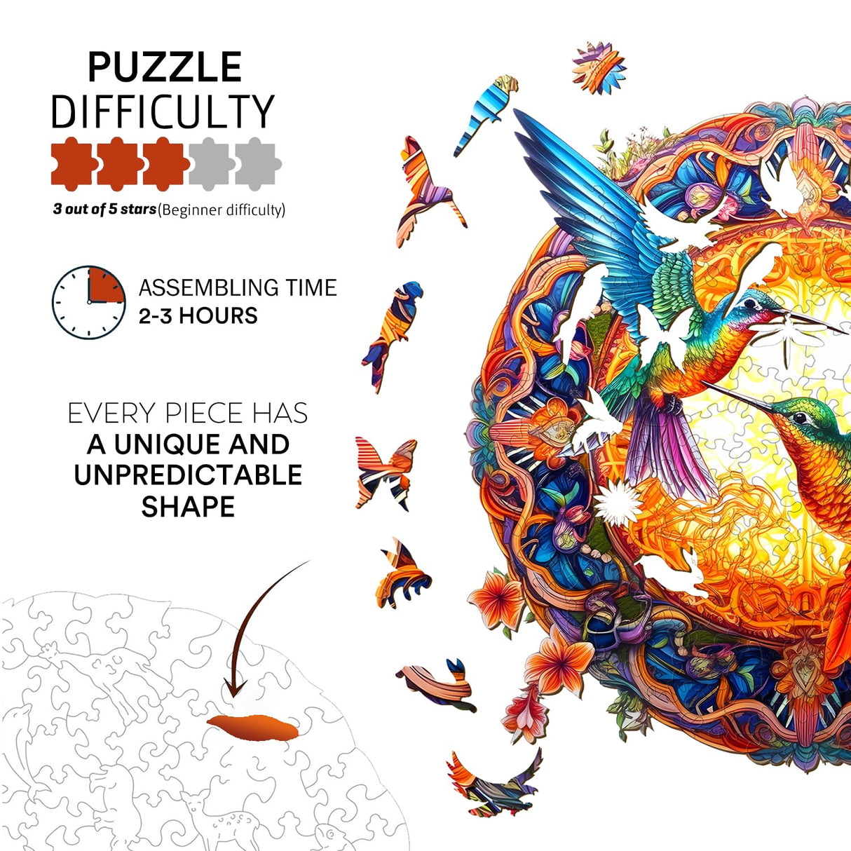 Jigfoxy Wooden Puzzles for Adults, Hummingbird Wooden Jigsaw Puzzles, Unique Animal Shape Puzzles, Christmas Thanksgiving Gifts for Family Friend(S-7.9 * 7.9in-100psc) Jigfoxy