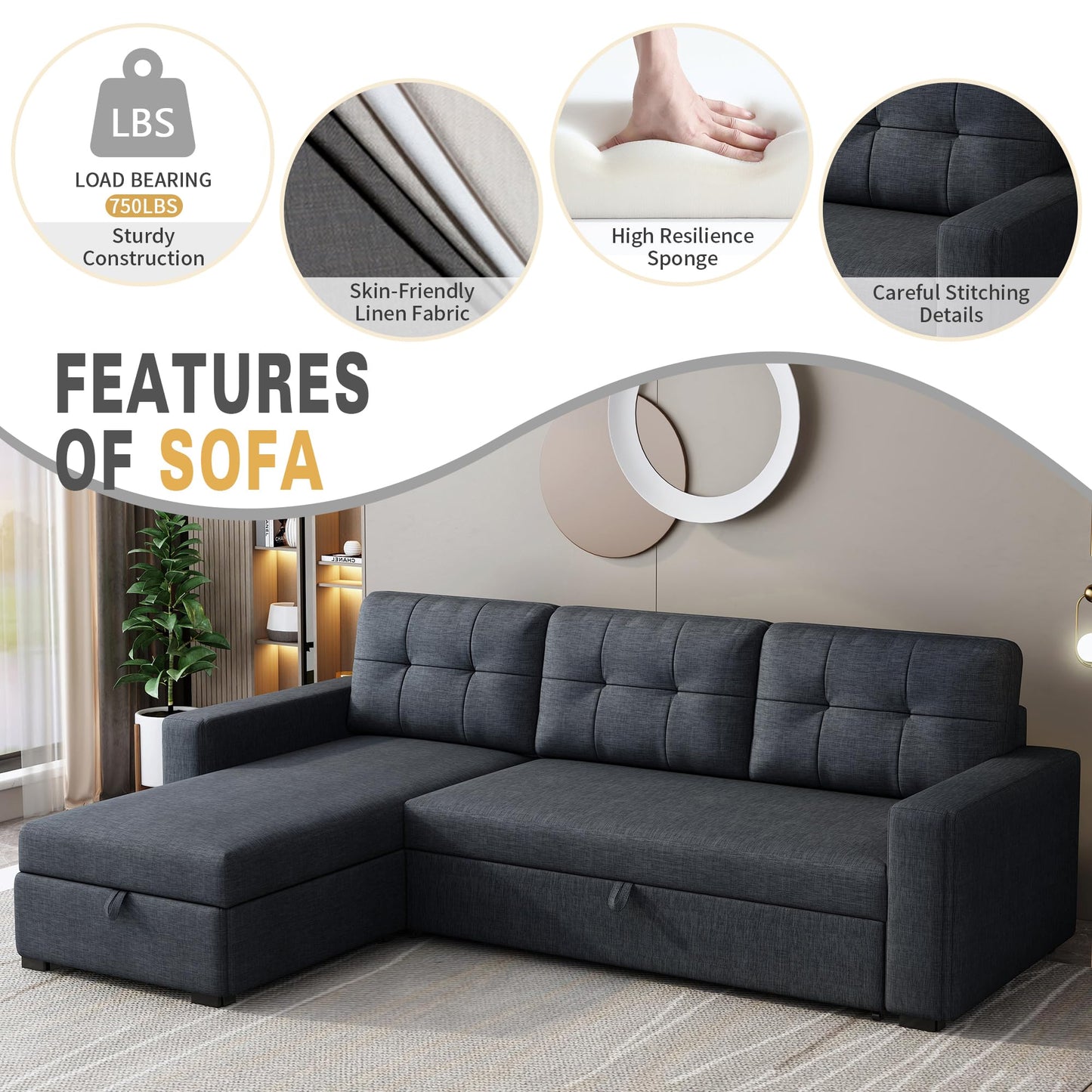 ACQCA 81.5" Sectional Sleeper Sofa with Storage Chaise and Pull-Out Bed,L Shape Convertible Couch with 3 Removable Back Cushions for Living Room,Apartment,Office,Dark Grey