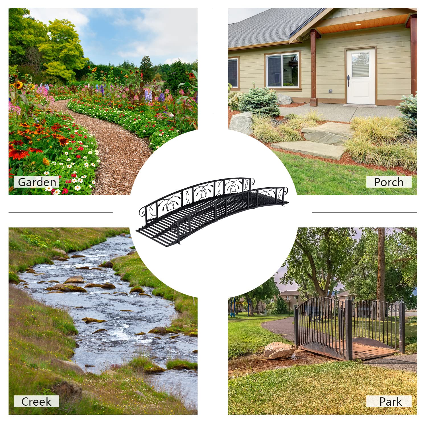 Kinfant Outdoor Metal Garden Bridge - 8 Ft Decorative Iron Landscape Bridge with 2 Safety Siderails, for Pond, Creek, Stream - WoodArtSupply