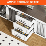 Rophefx 94.5" Dog Crate Furniture for 2 Dogs, Large Dog Kennel Furniture with 3 Storage Drawer, Wooden Dog Cage with 4 Bowls, Indoor Dog House TV Stand with Locks for Large Medium Dog, White Rophefx