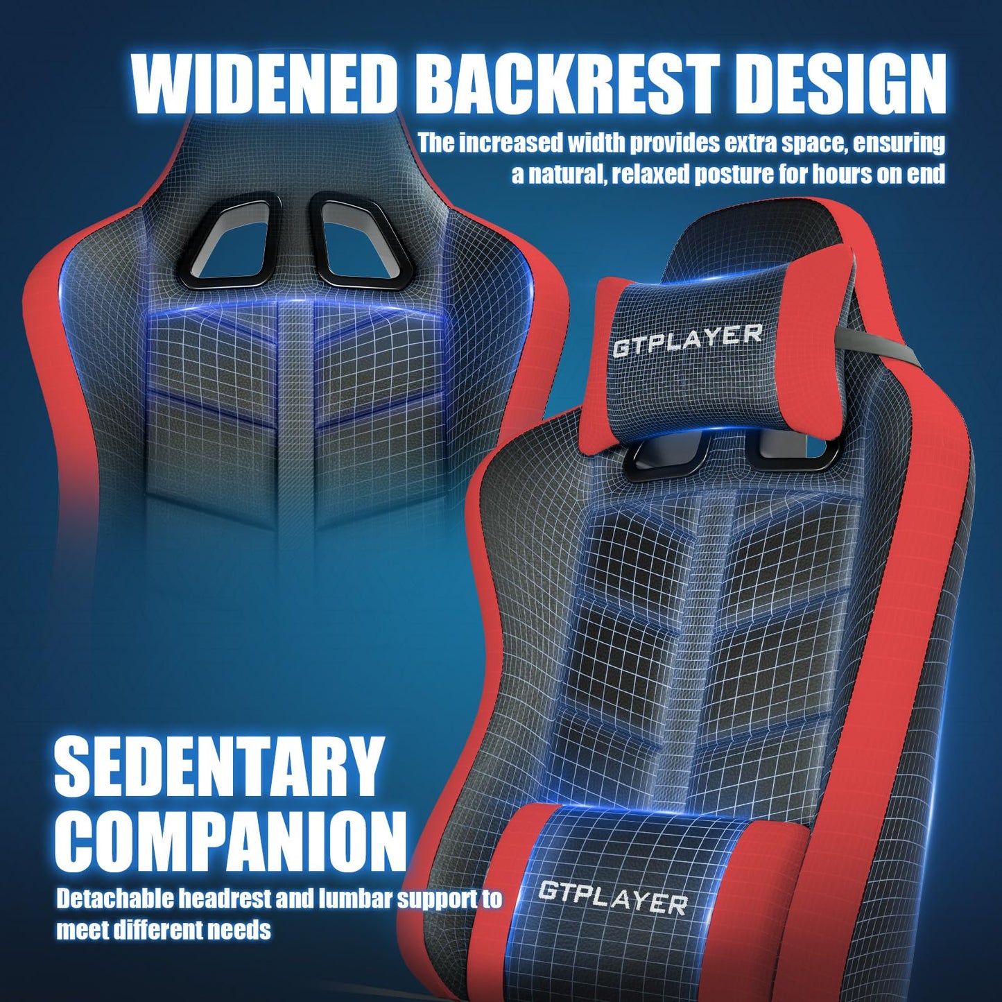 GTPLAYER Gaming Chair with Footrest, Computer Gaming Chair for Adults and Kids, Height Adjustable Gamer Chair with 90-155° Recline & Removable Headrest Lumbar Support (Black-Red)