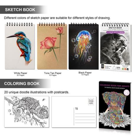HIFORNY 120 PCS Drawing Set Sketching Kit, Art Supplies with 3-Color Sketchbook,Coloring Book,Rainbow,Colored,Watercolor,Metallic,Graphite,Black & Colored Charcoal Pencils,Blending Tools and More HIFORNY