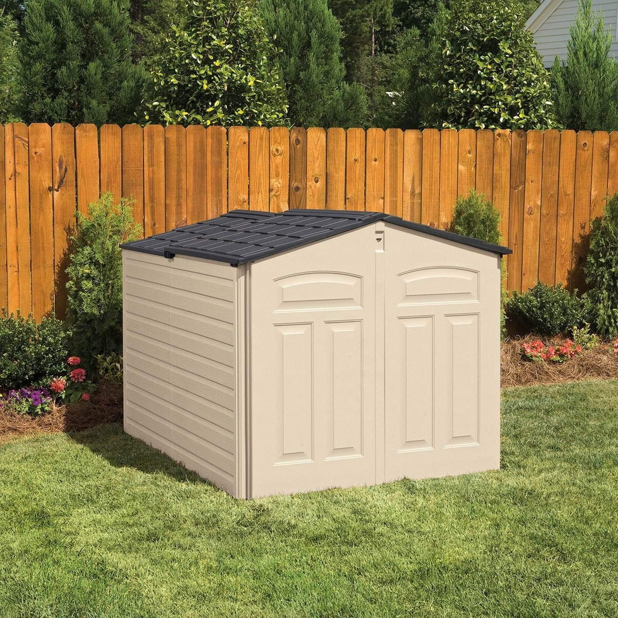 Rubbermaid Slide-Lid Resin Outdoor Storage Shed (5 x 6.5 Ft),Weather Resistant, Beige/Brown, Organization for Home/Backyard/Garden Tools/Lawn Mower/Bike Storage/Pool Supplies Rubbermaid