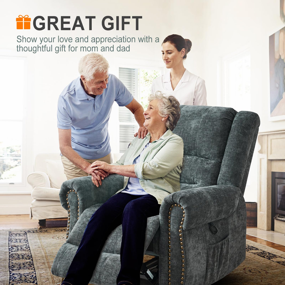 CDCASA Dual Motor Lay Flat Lift Chairs Recliners for Elderly with Massage and Heat, Upgraded Chenille Infinite Position Large Sleeping Electric Power Lift Chair Recliner for Seniors, Grey Blue CDCASA