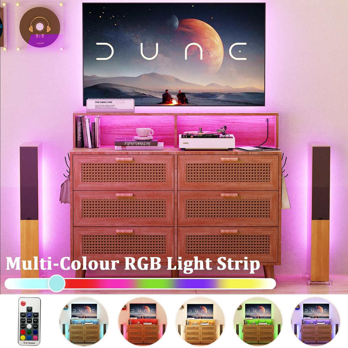 Dresser for Bedroom, 6 Drawer Boho Dresser with LED Light, Rattan Chest of Dressers, Modern Wood Dresser Chest, BesideTable for closet,Storage Organizer Cabinet for Hallway Entryway LivingRoom Natural Hiwelldas