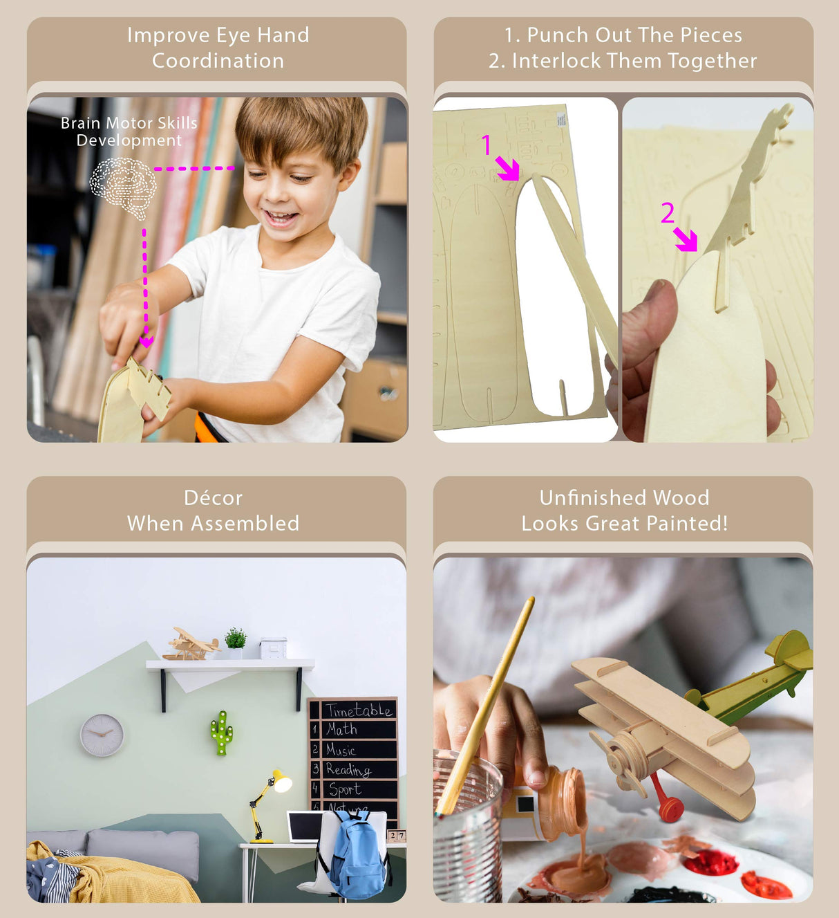 Puzzled Wooden Airplane Model Kits - Water Plane, Spirit of St. Louis, Nieuport 17 & Tri-Plane 3D Wooden Puzzles Set, Educational Adults & Kids Toys DIY Airplane Kit Assembly Planes to Build - 4 Pack Puzzled