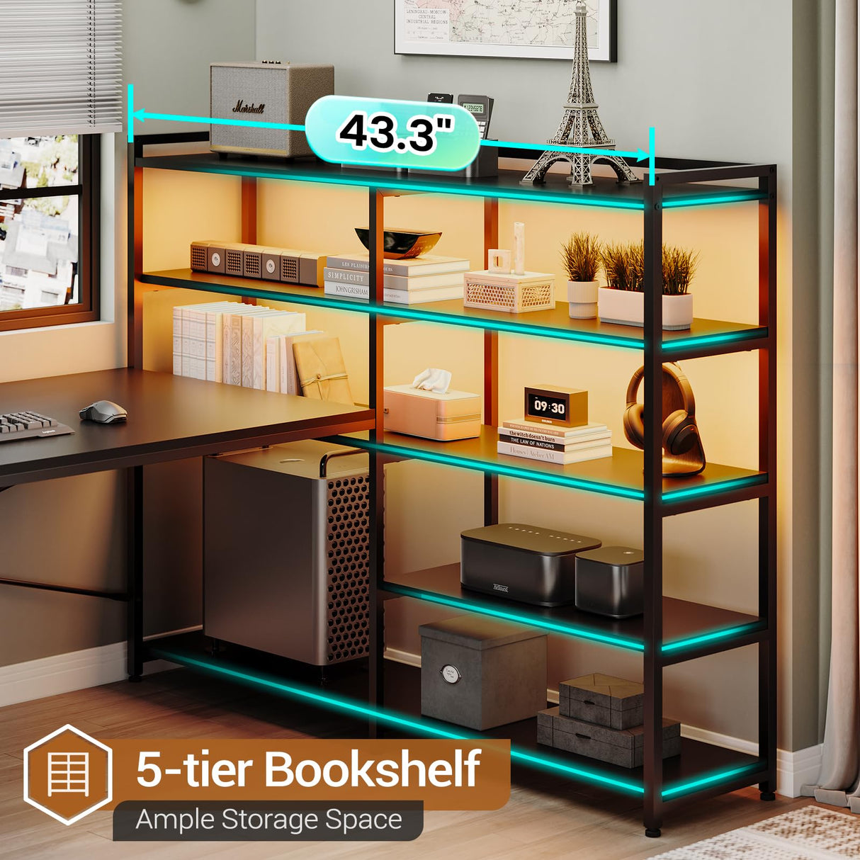 SEDETA L Shaped Gaming Desk, Reversible U Shaped Computer Desk with Power Outlet and Storage Shelves, Corner Gaming Desk with LED Lights, 3 Fabric Drawers, Black SEDETA