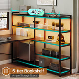 SEDETA L Shaped Gaming Desk, Reversible U Shaped Computer Desk with Power Outlet and Storage Shelves, Corner Gaming Desk with LED Lights, 3 Fabric Drawers, Black SEDETA