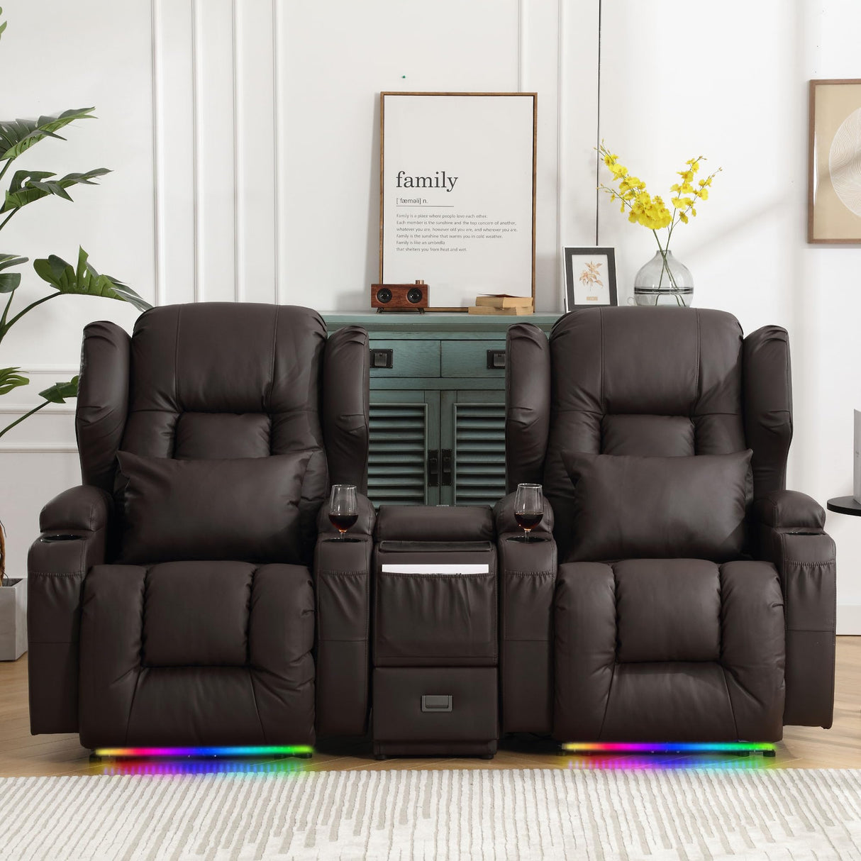 DRMBOOK Power Recliner Chair Set of 2, Faux Leather Wall Hugger Reclining Sofa, Double Electric Home Movie Sofa with Massage & Heat, 2 Person Recliner Set with LED Light for Living Room RV, Brown DRMBOOK
