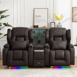 DRMBOOK Power Recliner Chair Set of 2, Faux Leather Wall Hugger Reclining Sofa, Double Electric Home Movie Sofa with Massage & Heat, 2 Person Recliner Set with LED Light for Living Room RV, Brown DRMBOOK