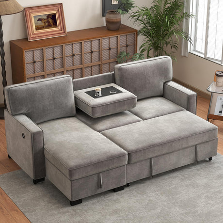 HAOMARKETS L Shaped Convertible Sleeper Sofa Bed, 90” Pull Out Couch Bed with Cup Holders and USB Charging Port, Sectional Couch Reversible Chaise with Storage for Living Room Apartment, Grey HAOMARKETS